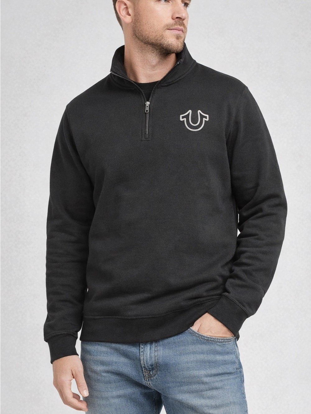 True Religion Jet Black Quarter Zip Track Pullover Hoodie Men’s Size Large NWT